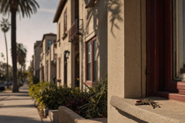 A low-rise California apartment exterior in afternoon light with a set of keys resting on a sunlit sill