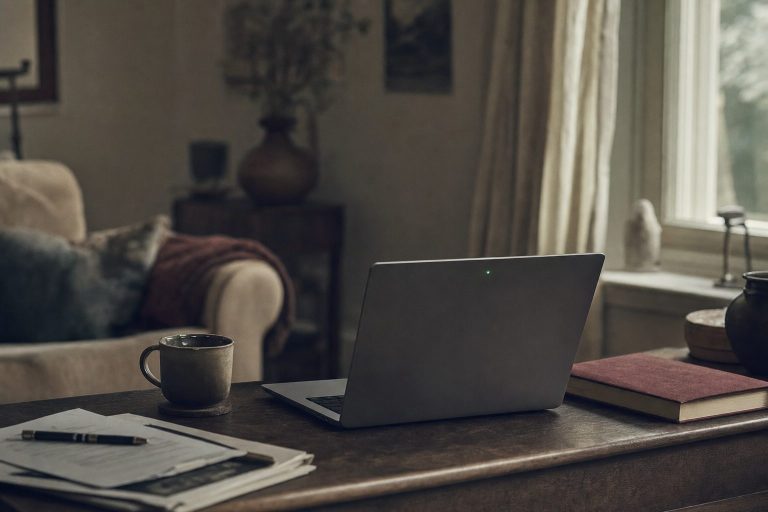 A quiet home-office desk with an open laptop and a small camera indicator light, evoking remote-work monitoring