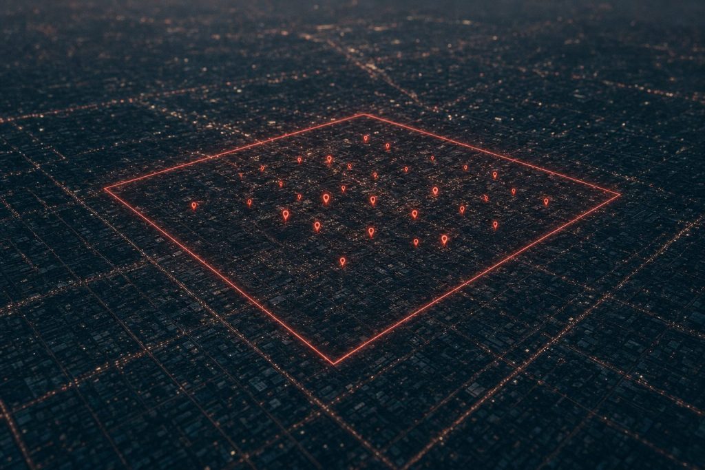 A drawn boundary over a city grid at night with location markers clustered inside, illustrating a reverse-location search area
