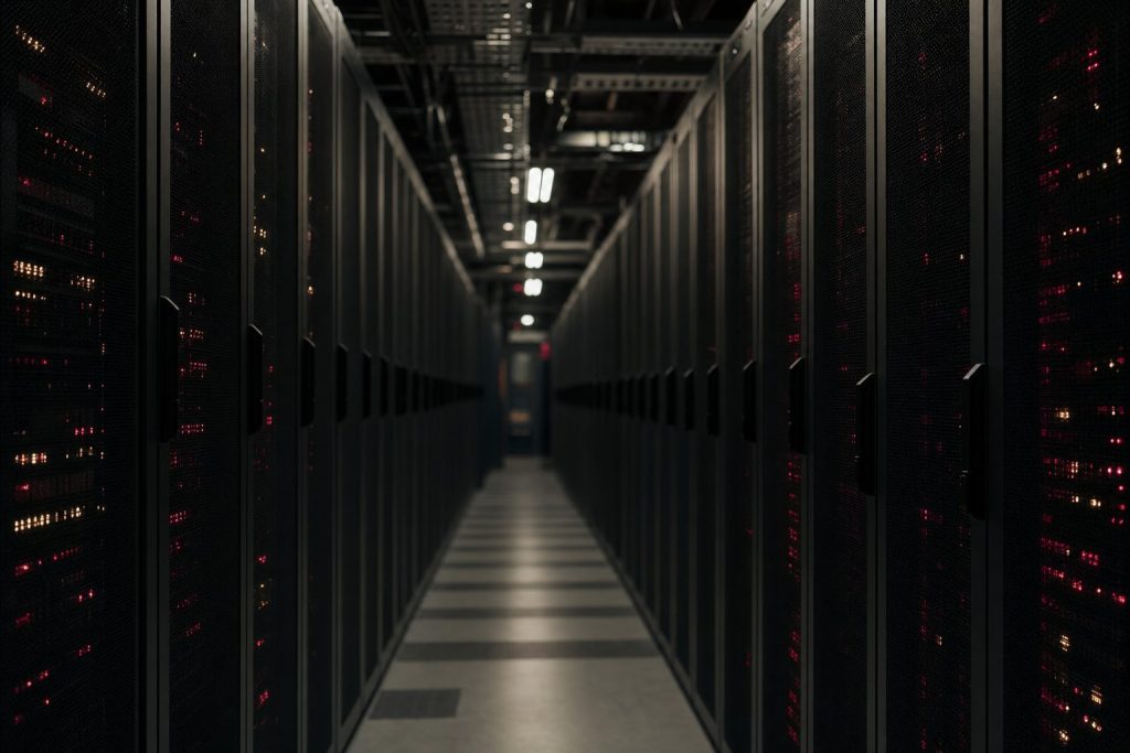 A dim data-center aisle of dark server racks receding into shadow, lit by faint status lights